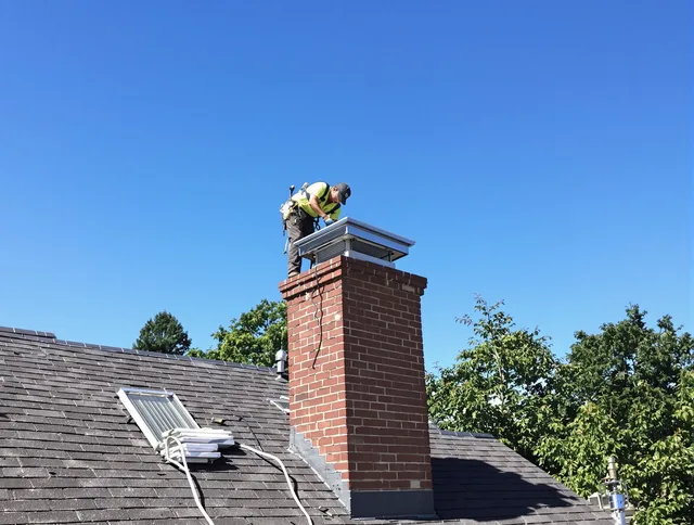 New Canaan Chimney Sweep technician measuring a chimney cap in New Canaan, CT