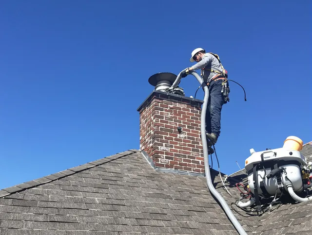 Dedicated New Canaan Chimney Sweep team member cleaning a chimney in New Canaan, CT