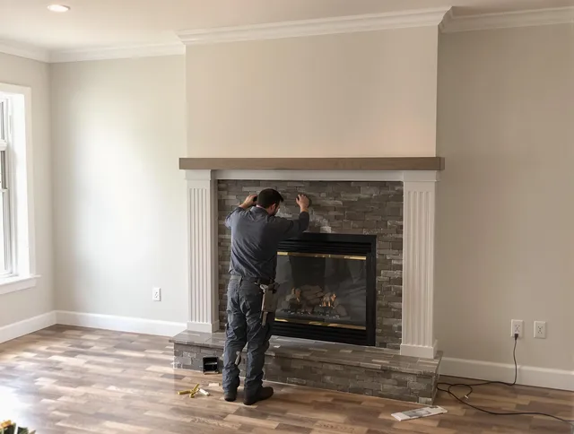 New Canaan Chimney Sweep finishing a custom fireplace install in New Canaan, CT